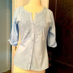 Light blue button down Tab sleeve blouse